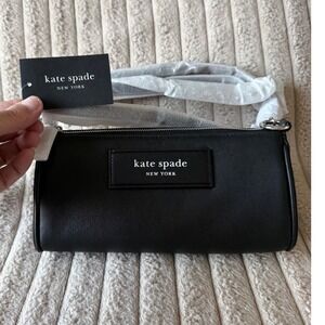 Kate Spade Label Smooth Leather Pochette Black Barrel Crossbody Bag KI726 NEW